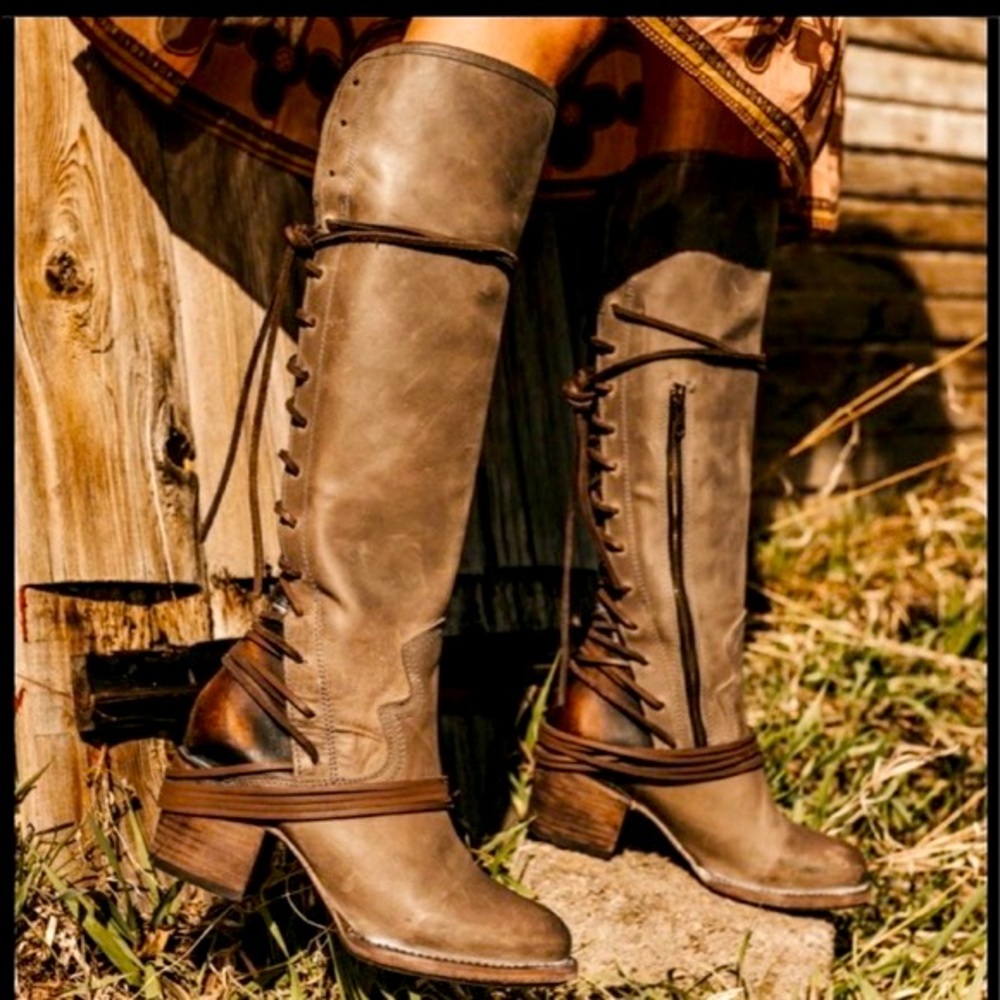 Freebird by Steven Coal Taupe Brown Leather Back Lace Up Boots